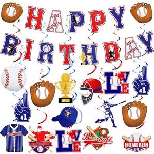 Baseball Party Decorations: 2 Platters, Cupcake Cups, Banner and Hanging Swirls